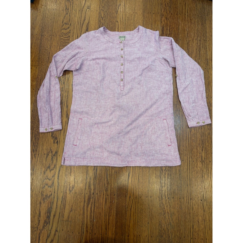 Duluth Trading Co Hemp Organic Cotton Striped Henley Tunic Pink White M